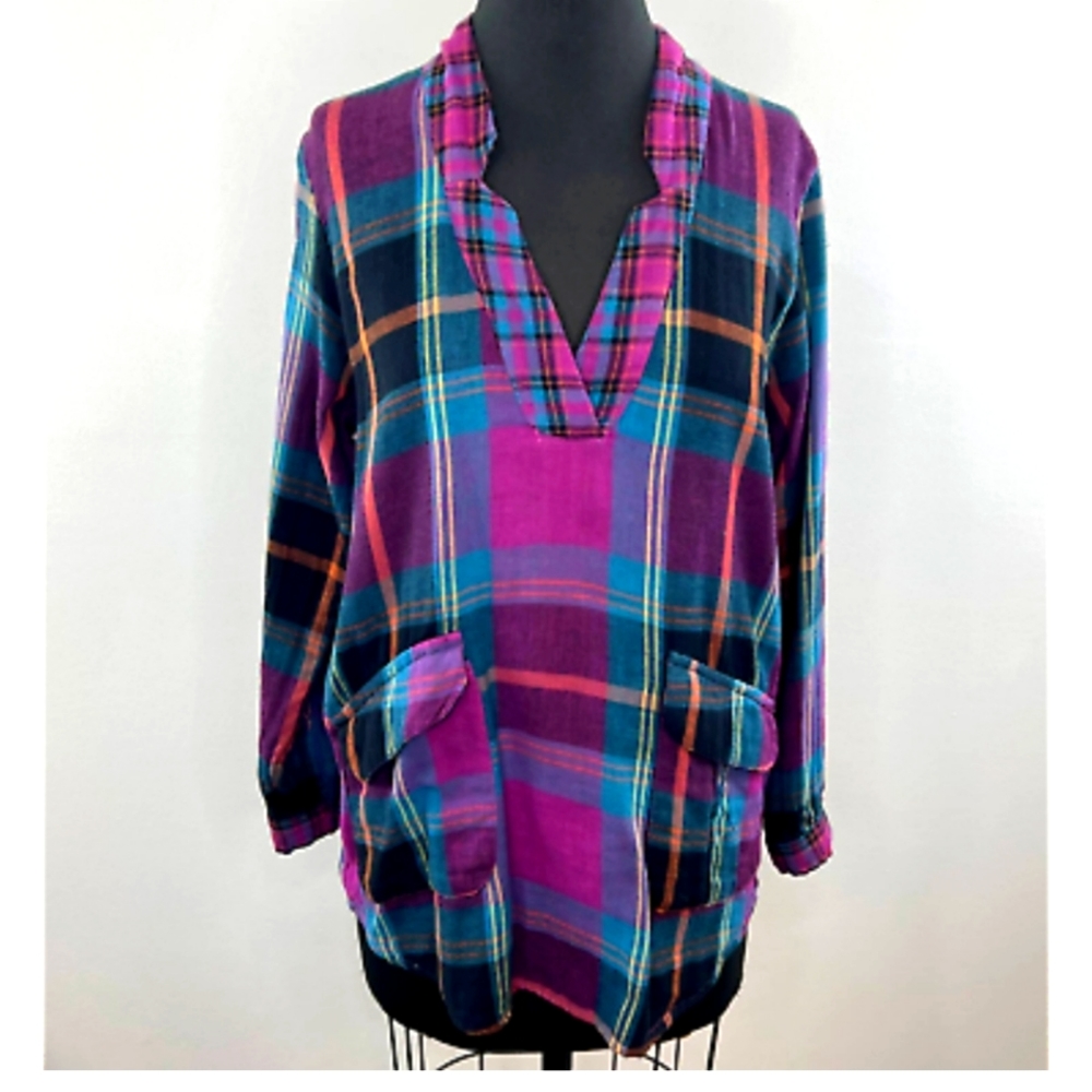 NATURAL LIFE Purple Black Plaid Cotton Flannel Tunic.Size SmallShoulder: 16"